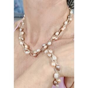 Multi Strand, Freshwater Pearl Pastel Color Necklace Bracelet Set Magnetic Clasp